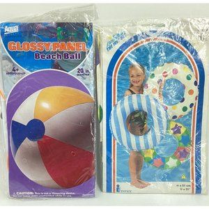 Vintage Lot Aqua Leisure 20" Glossy Panel Beach Ball & Wet Set Inflatable Ring